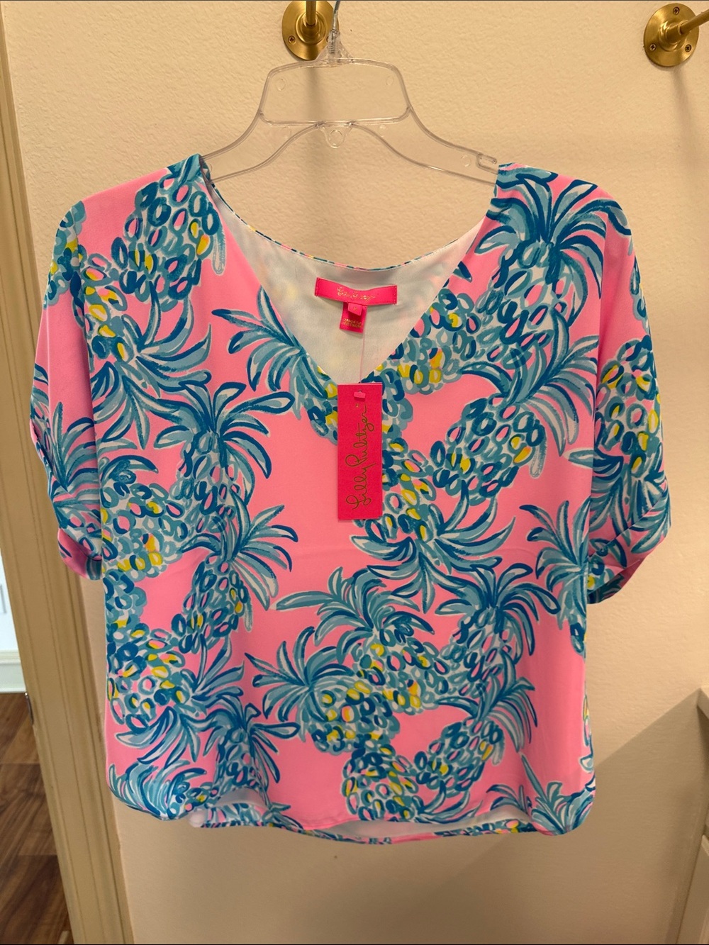 Lilly Pulitzer Pink Tropical Palm V-Neck Blouse